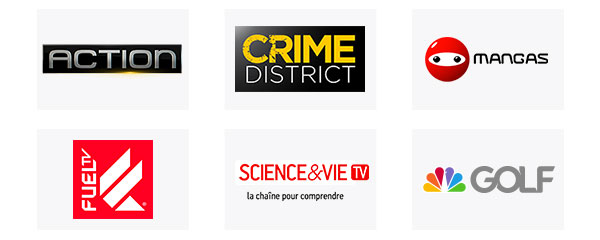 Chaînes Action, Crime District, Mangas, FuelTV, Science&Vie TV, Golf